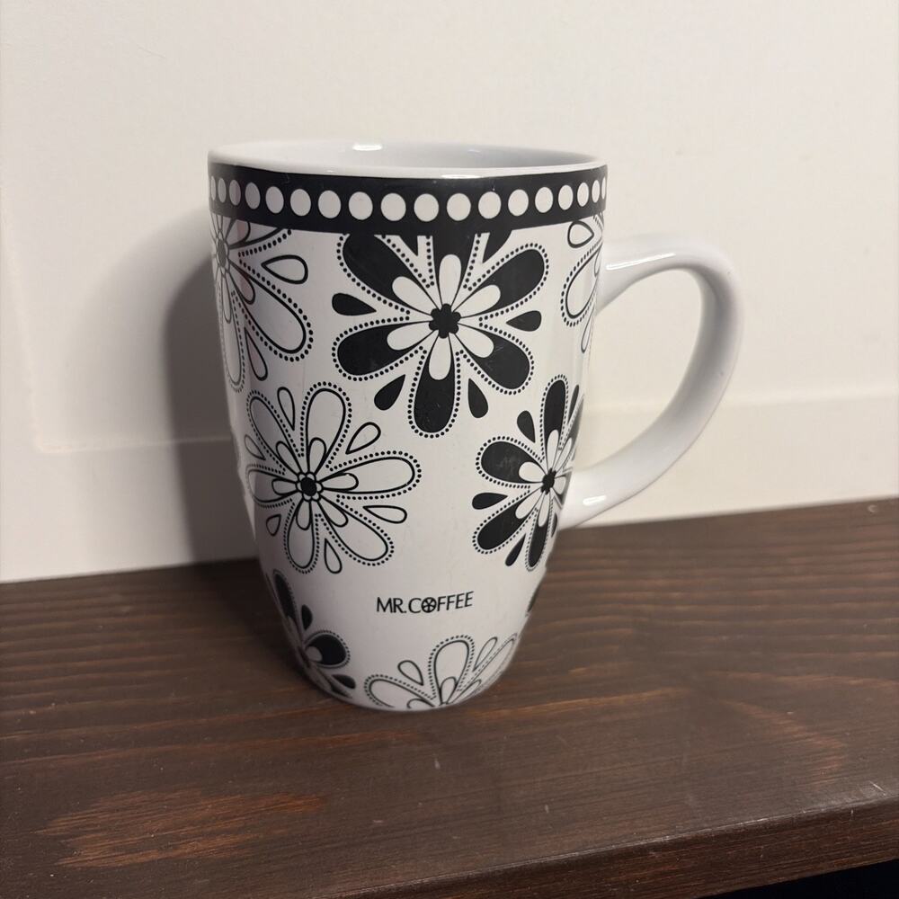 Mr. Coffee Floral Flower Mug Cup White Black Ceramic 5 inch